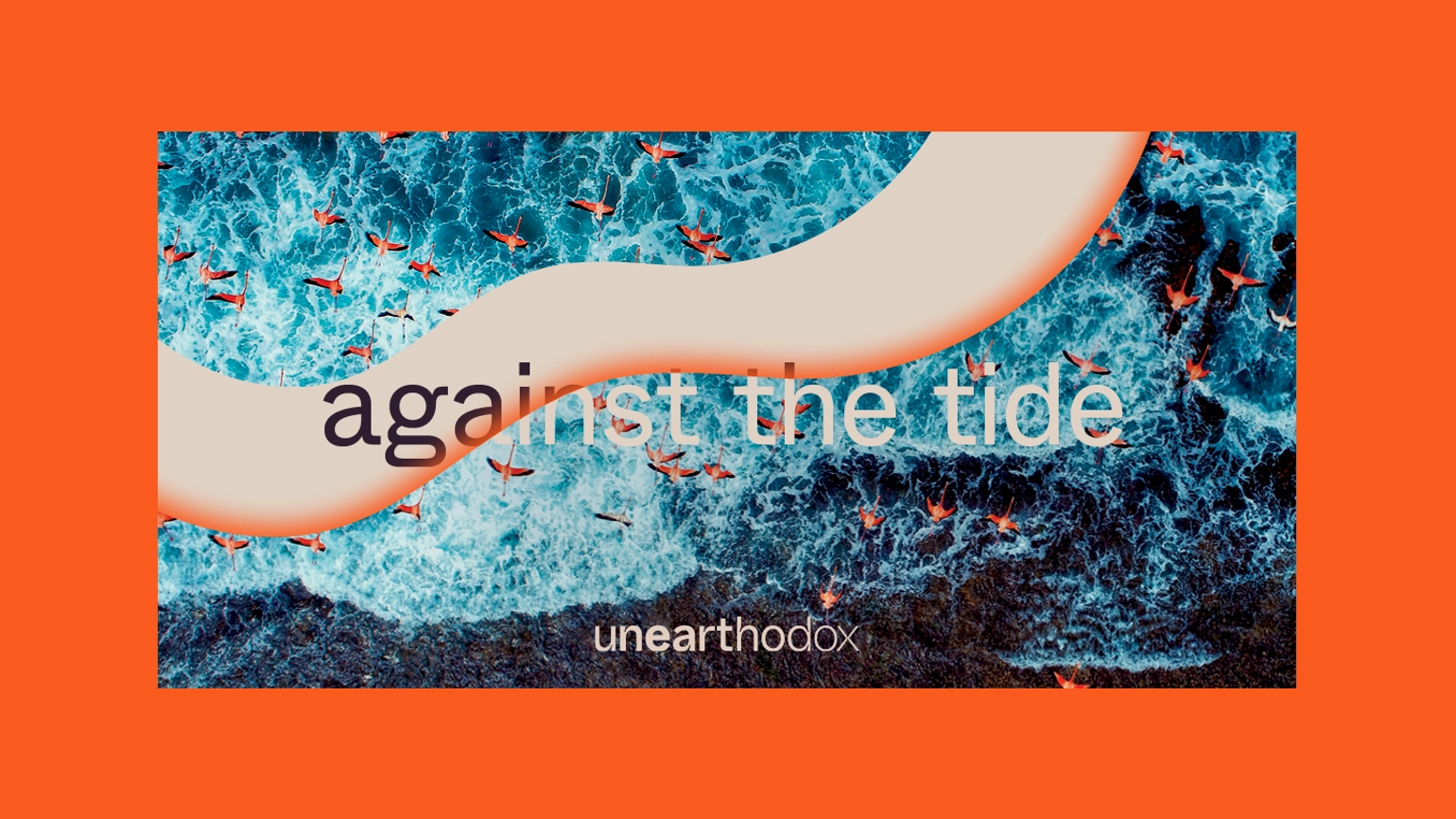 Seascape image in an orange frame with flamingo birds flying above and text overlaid, reading 'against one tide'