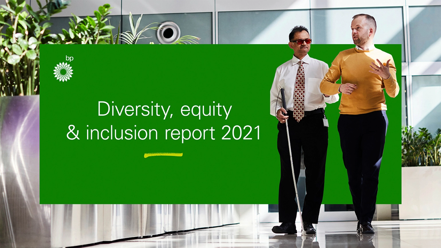 Image of a blind man with a cane walking with someone supporting him on top of a diversity, equity and inclusion report 2021 banner