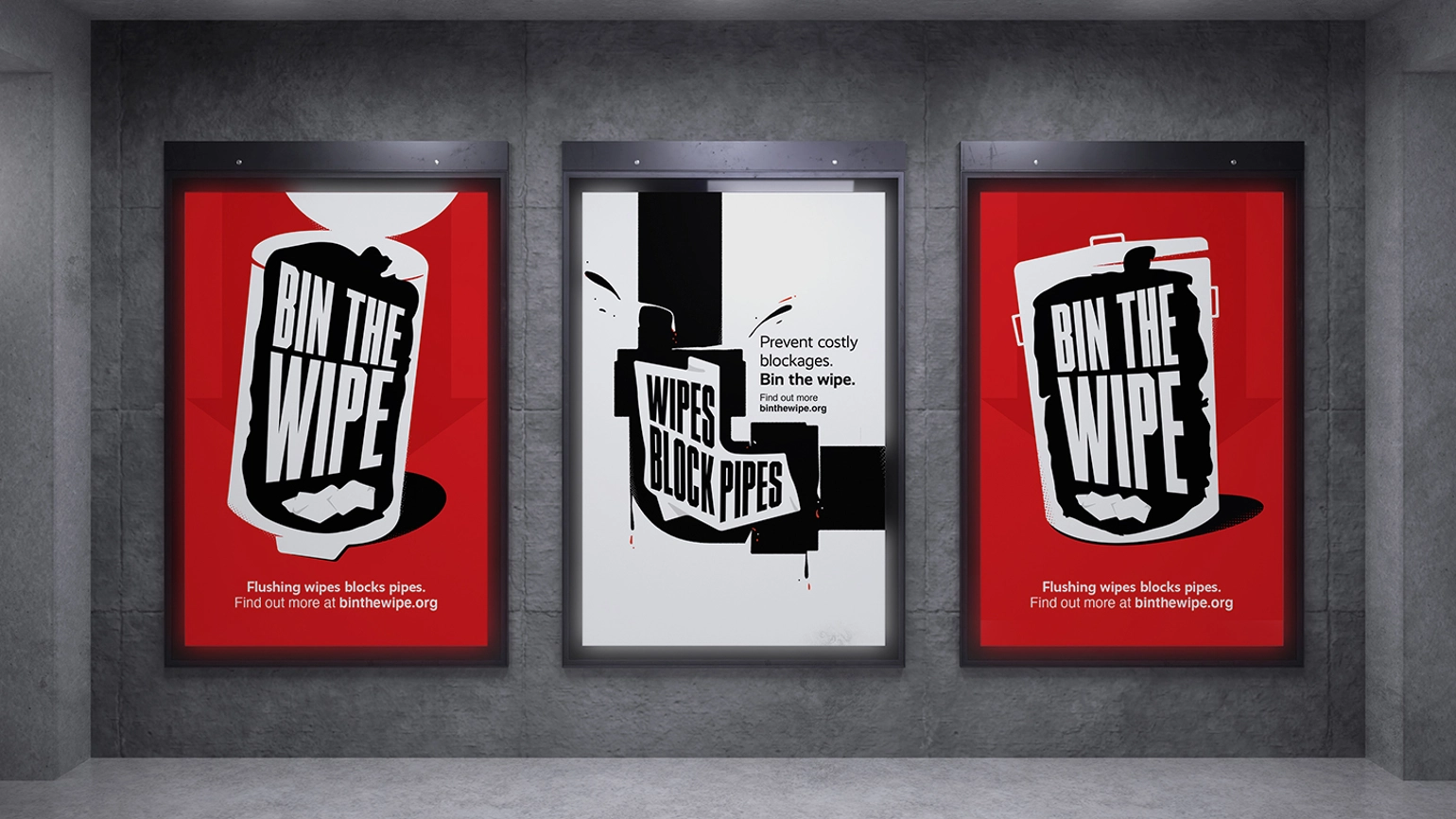 3 OOH posters of the Bin the Wipe campaign