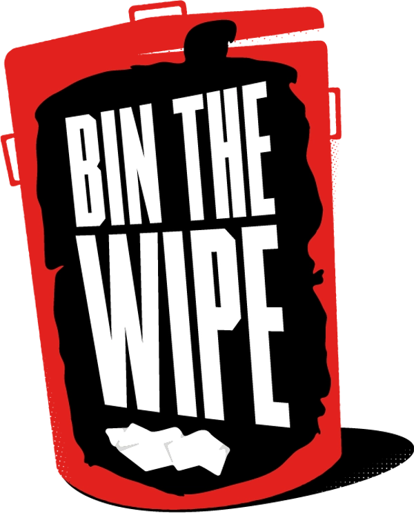 the text 'BIN THE WIPE' appears on a black background upon a red bin
