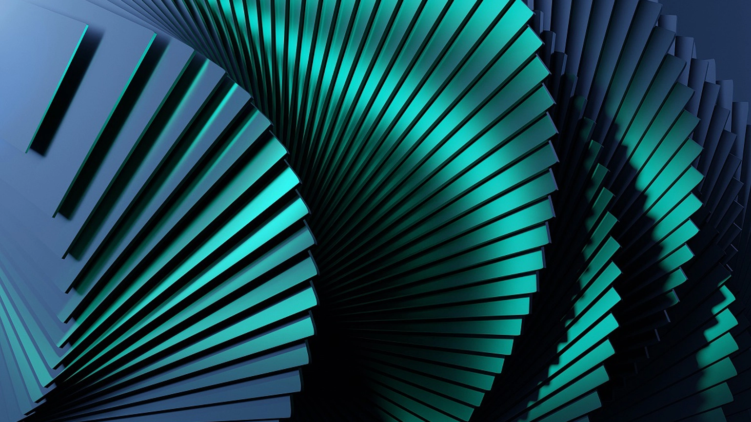 A 3D rendered graphic featuring spiralling fan-like layers in dark teal and mottled florescent green