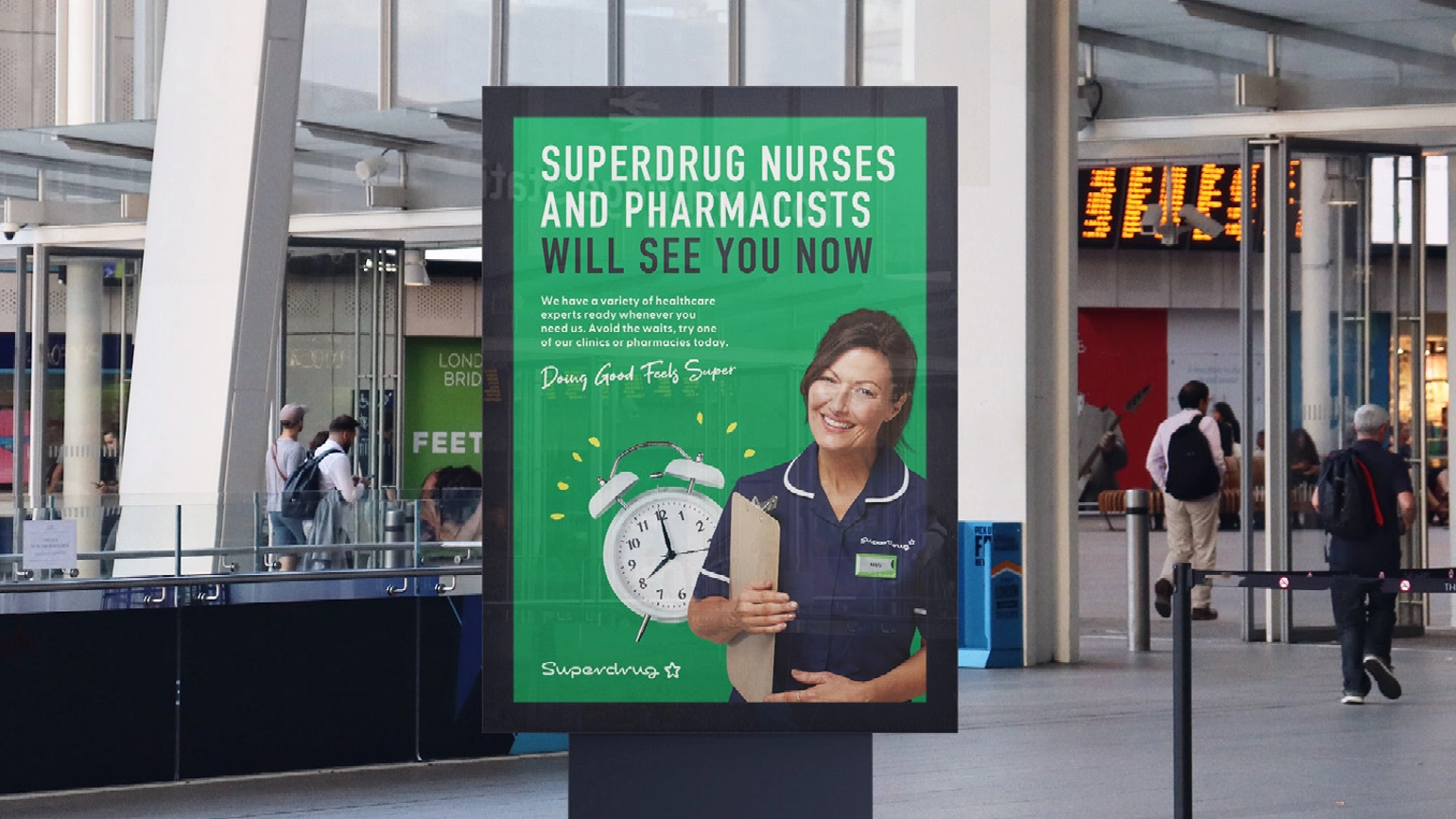 Image of a poster with an image of a nurse and the words Superdrug nurses and pharmacists will see you now