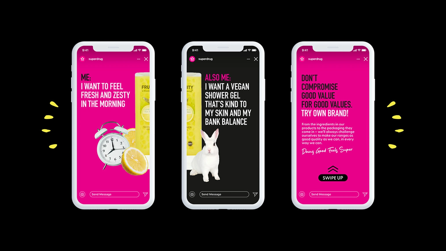 Image of 3 mobile views with campaign content. The first with the words, I want to feel zesty in the morning. The second with the words I want a vegan shower gel that's kind to my skin and the third with the words don't compromise on good value for good values, try own brand!