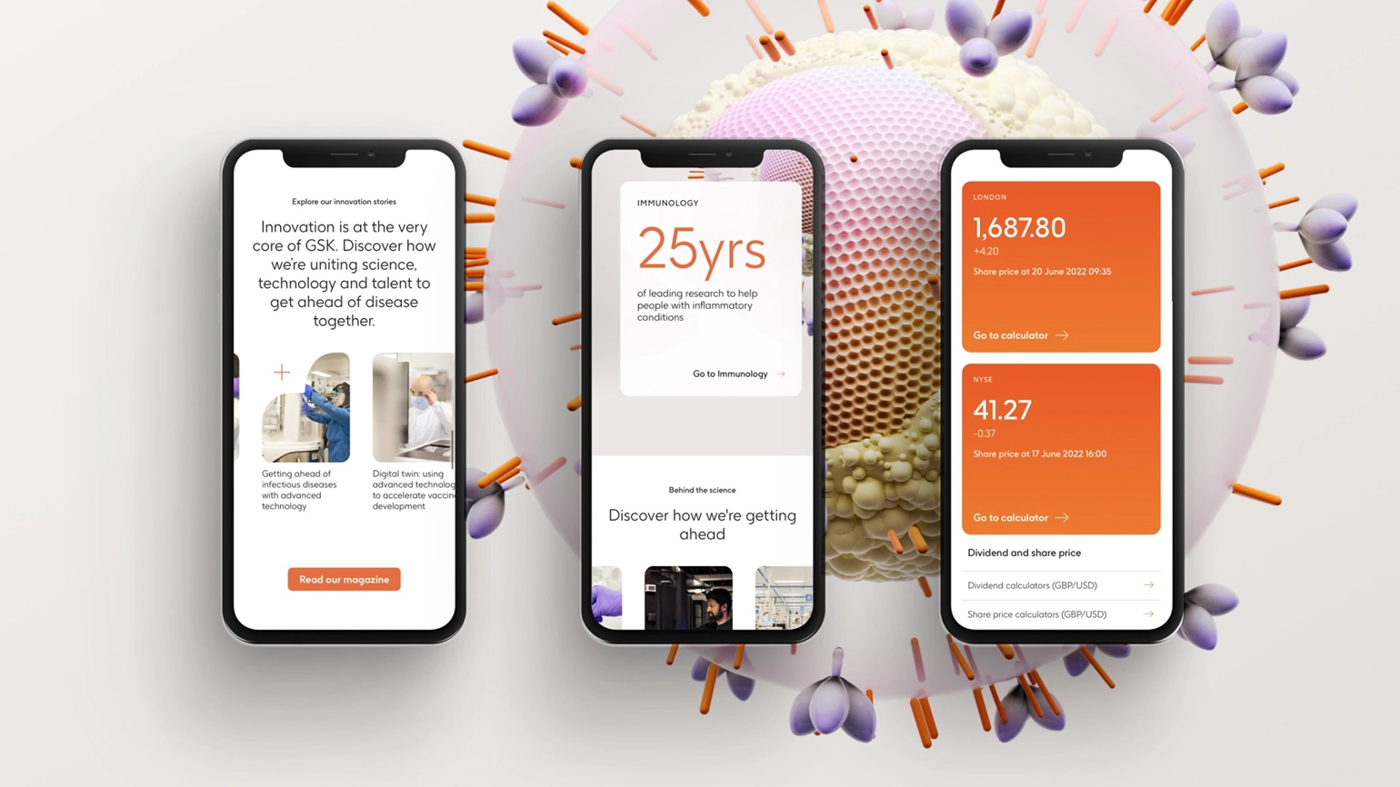 The display of different content section of GSK's website on a mobile device