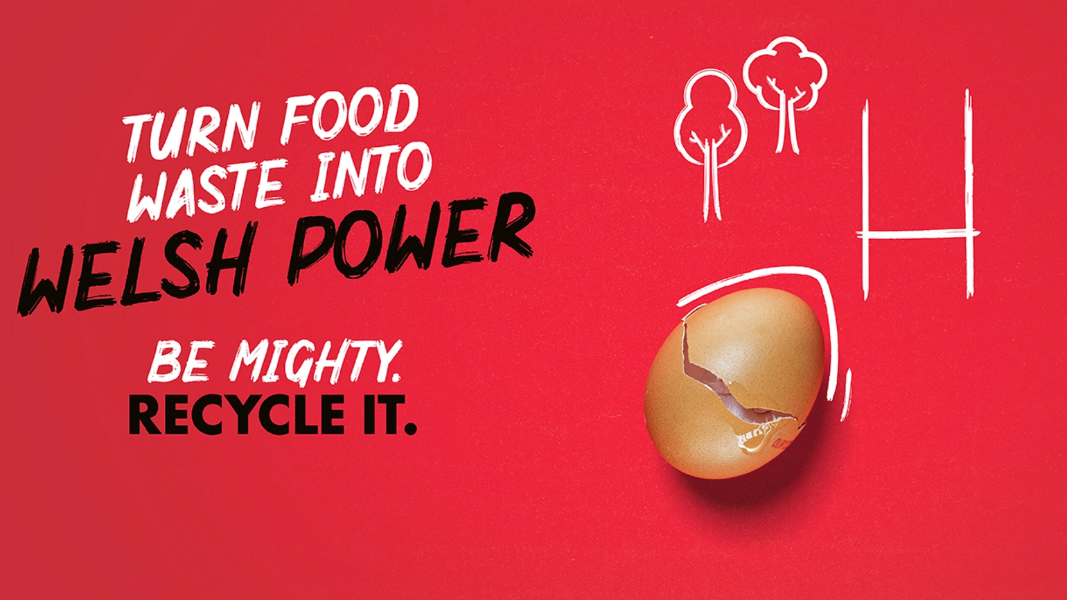 An egg shell sits on a red background with text reading 'Turn food waste into Welsh power. Be Mighty. Recycle it'