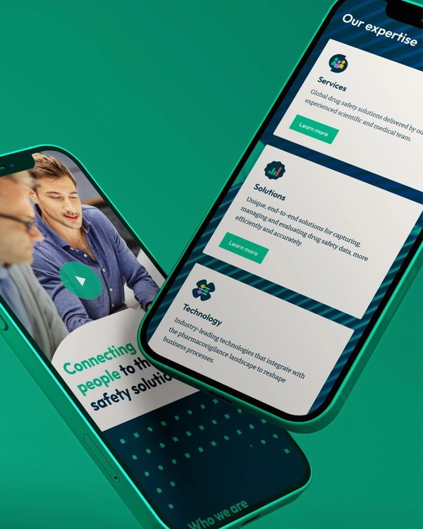 Two phone screens with information about Qinecsa featured, on a green background