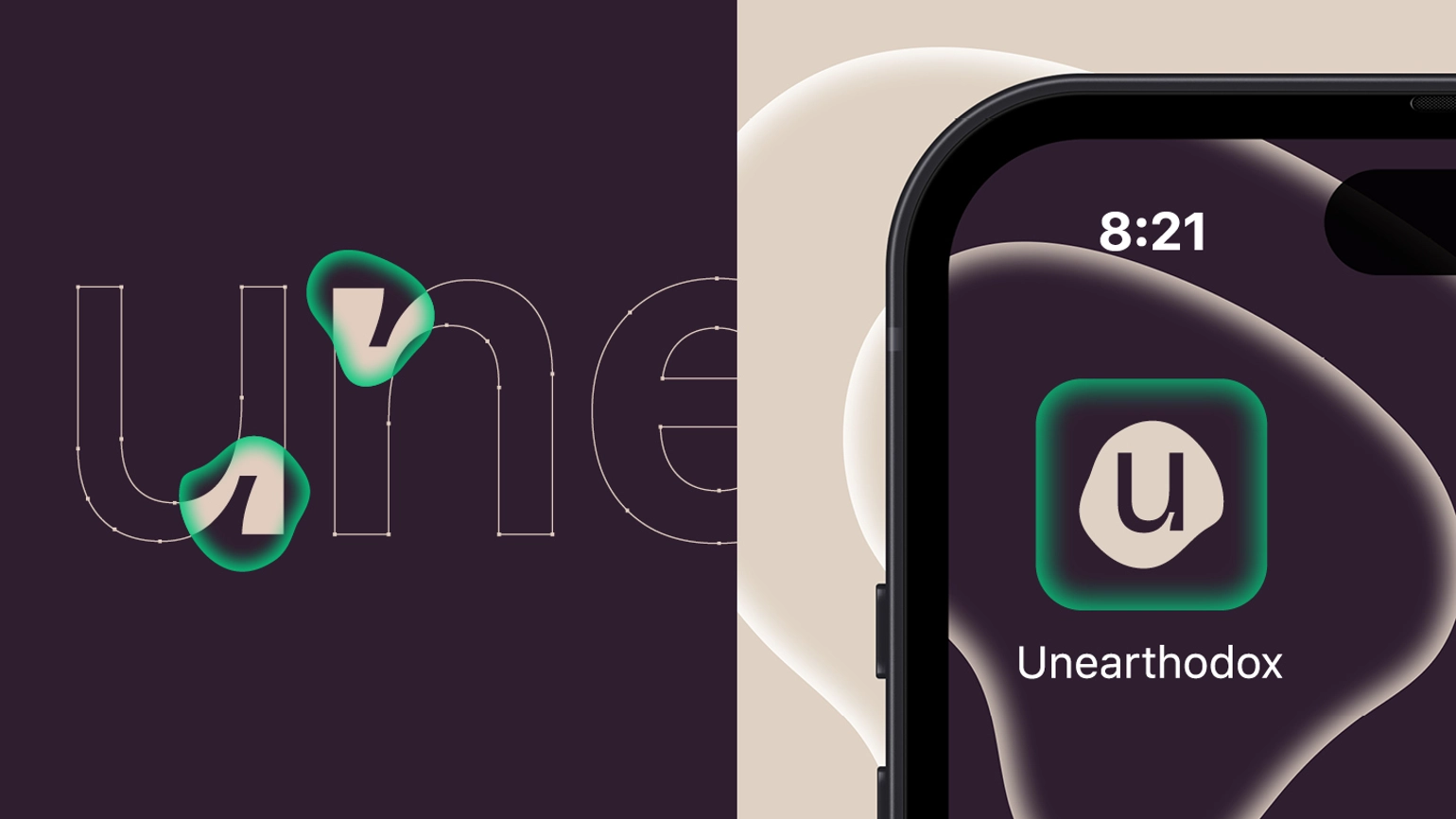 Divided image, one half in dark purple with letter 'u' and 'n' and half an 'e' outlined in beige; the other half shows a corner of a phone screen on a beige background, with Unearthodox app logo sitting in the corner. 