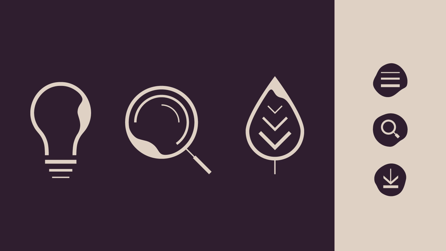 Icons, including a leaf and a magnifying glass on a dark purple background