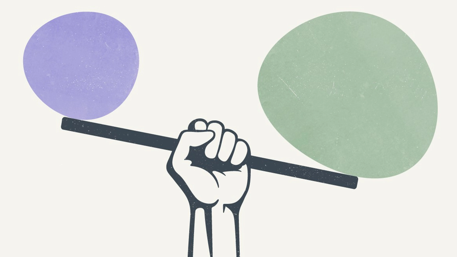 an illustrated arm holding a balance bar weighted to the left with a large green pebble shape, and a lighter blue pebble shape on the right